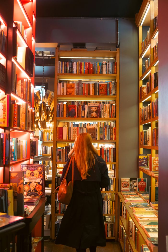 The Art of Drawing Readers In: Your attractive post title goes here Woman browsing books in a cozy bookstore with warm lighting.